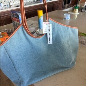 Stoney Clover Lane Light Blue Denim Tote with Tan Handles